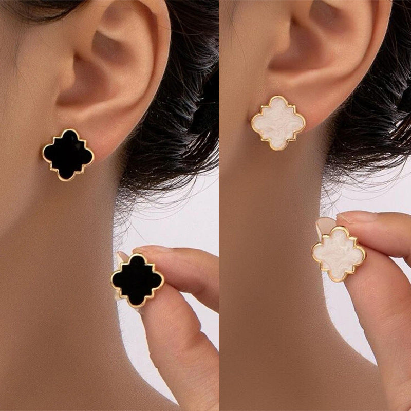 Black Lucky Four-leaf Clover Simple Temperament Irregular Geometric Ear White Stud Earrings
