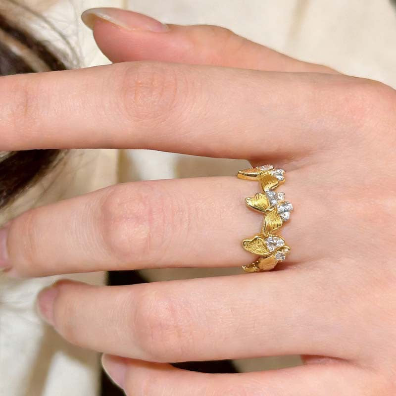 Antique Style Gold Brushed Diamond Fairy Butterfly Design Light Luxury Ring