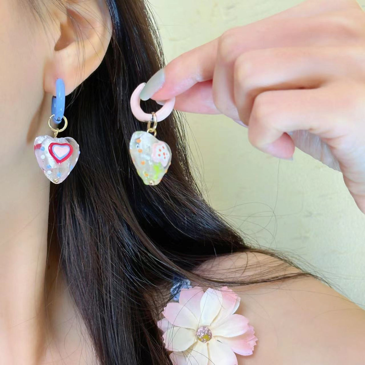 Asymmetric Love Glass Female Niche Drip Glazed Earrings
