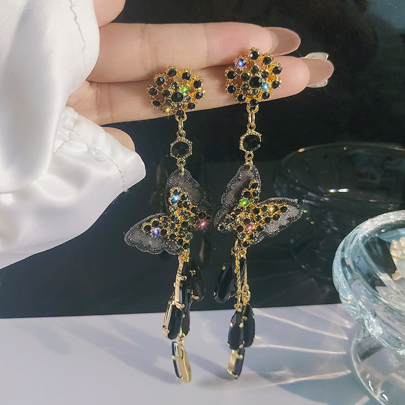 Black Butterfly Long Tassel Crystal Temperament Earrings