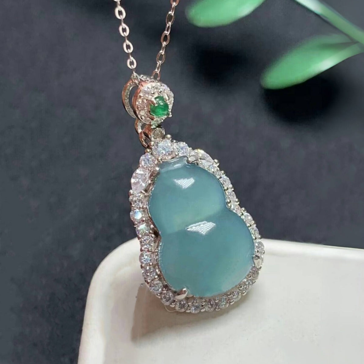 Jade Blue Water Calabash Pendent Sier Inlaid Pendant