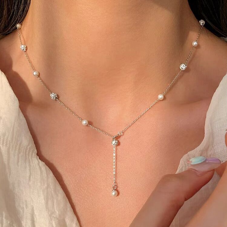 Baroque Bright Pearl Shining Diamond Simple Niche Starry Necklace