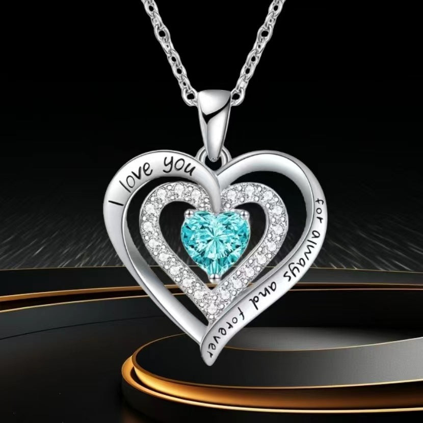 Birthstones Double Heart Shape With Diamond December Necklaces
