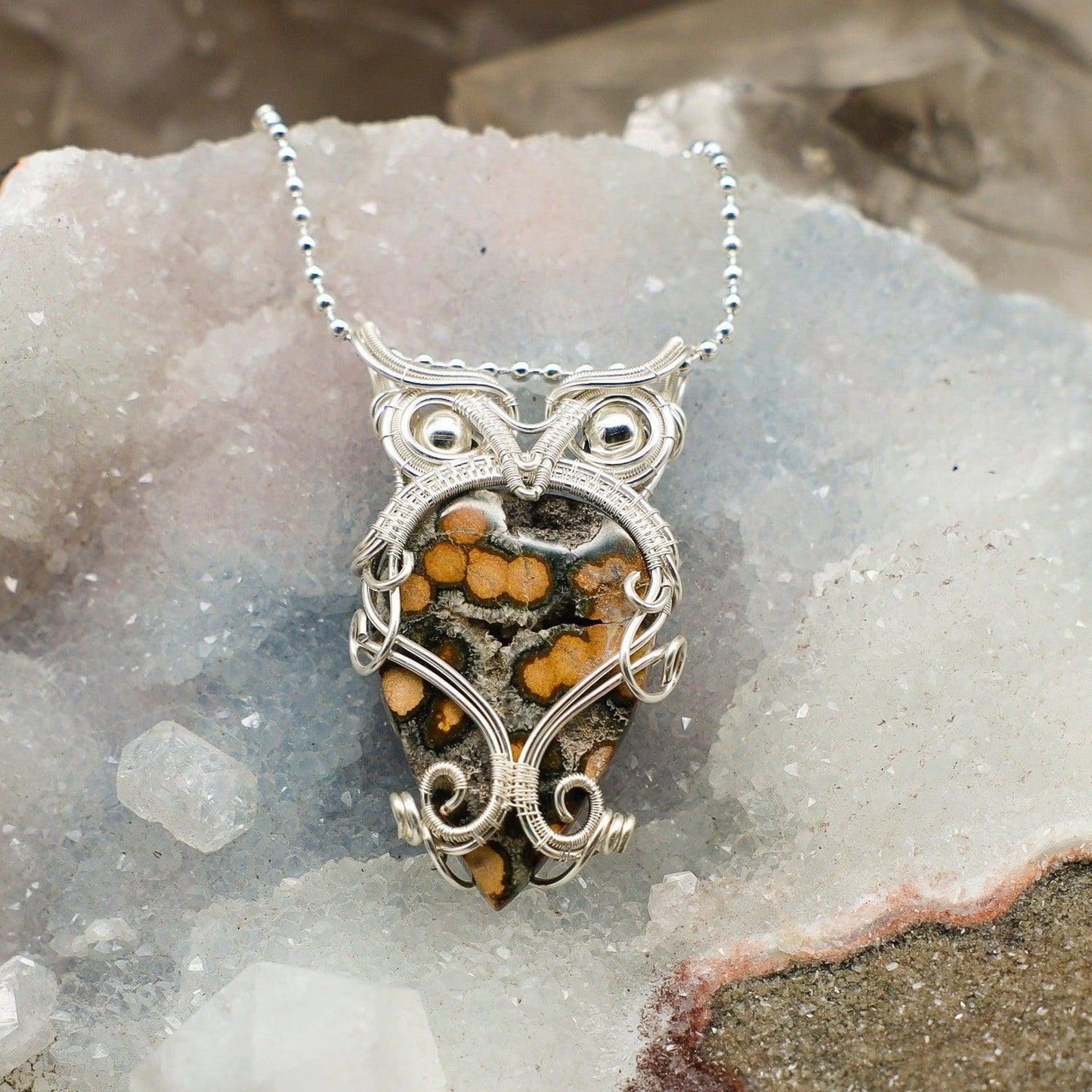 Ocean Jasper Owl Wire Wrap Crystal Pendant