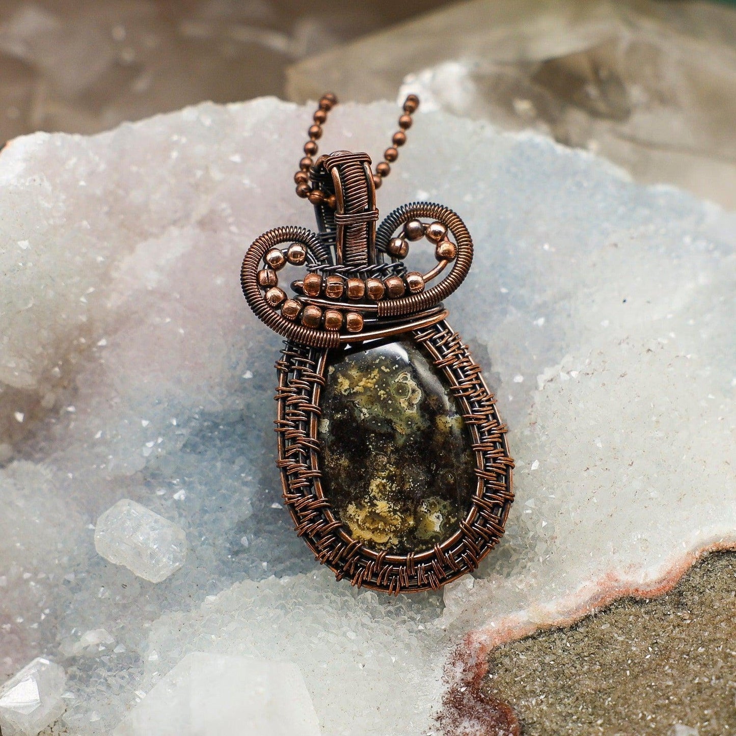 Ocean Jasper Wire Wrap Crystal Pendant