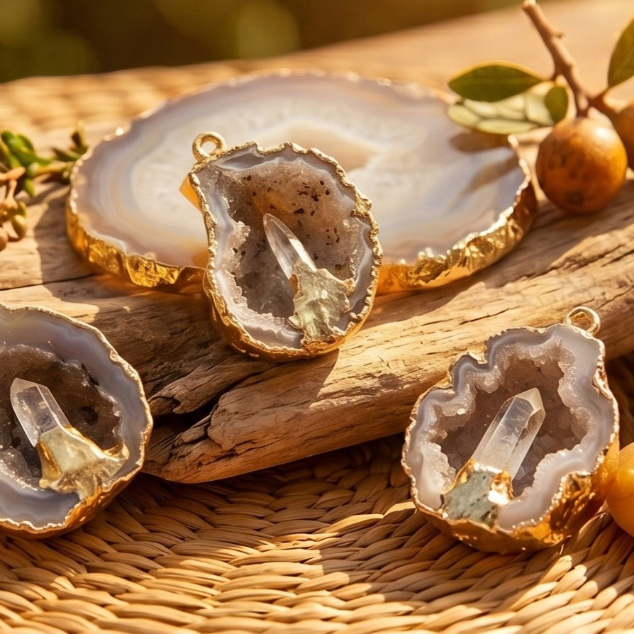 Oco Geode Druzy Crystal Pendant with Quartz Point (Gold Plated)
