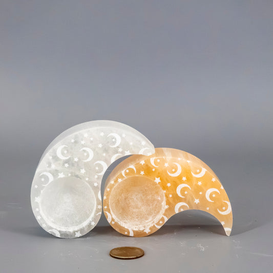 Orange & White Selenite Nesting Yin-Yang Tea Light Candle Holders Set
