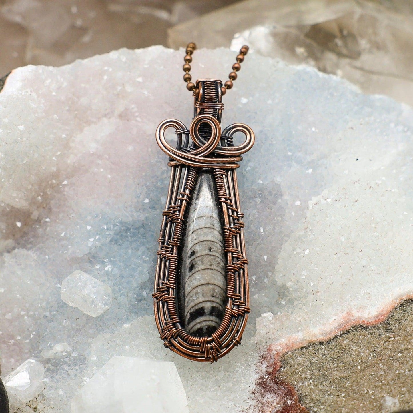 Orthoceras Fossil Wire Wrap Crystal Pendant