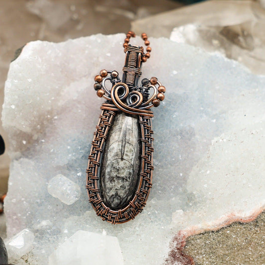 Orthoceras Fossil Wire Wrap Crystal Pendant
