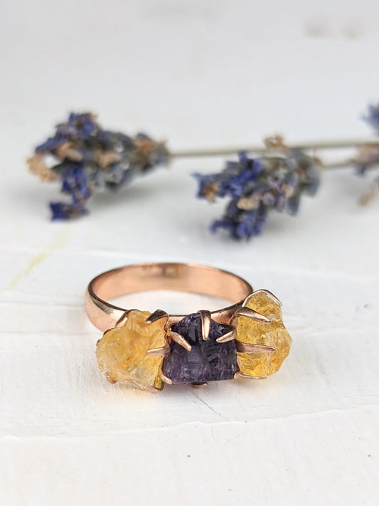 Citrine/Amethyst Cluster Ring - Rose Gold