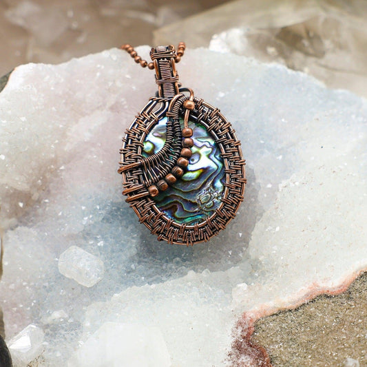 Paua Abalone Shell Wire Wrap Crystal Pendant