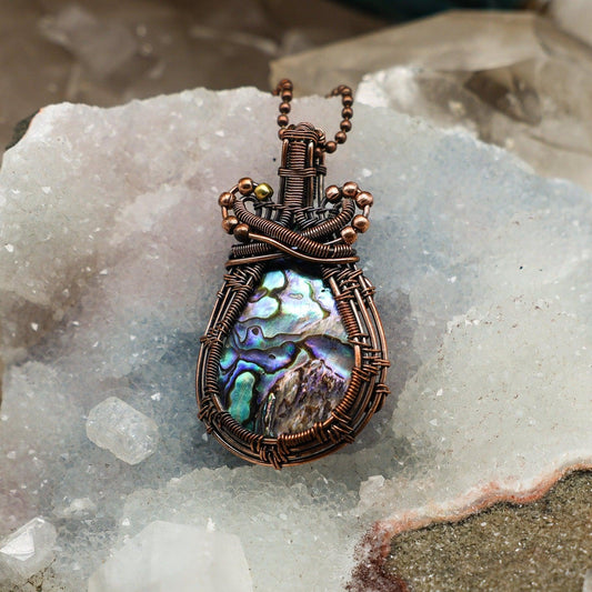 Paua Shell Wire Wrap Crystal Pendant - Emotional Calm