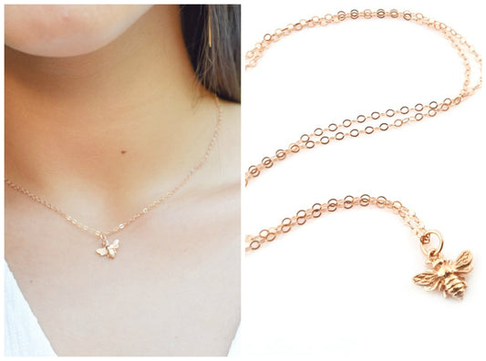 Bumblebee Charm Rose Gold Necklace - Honeybee Jewelry - Gift for Her