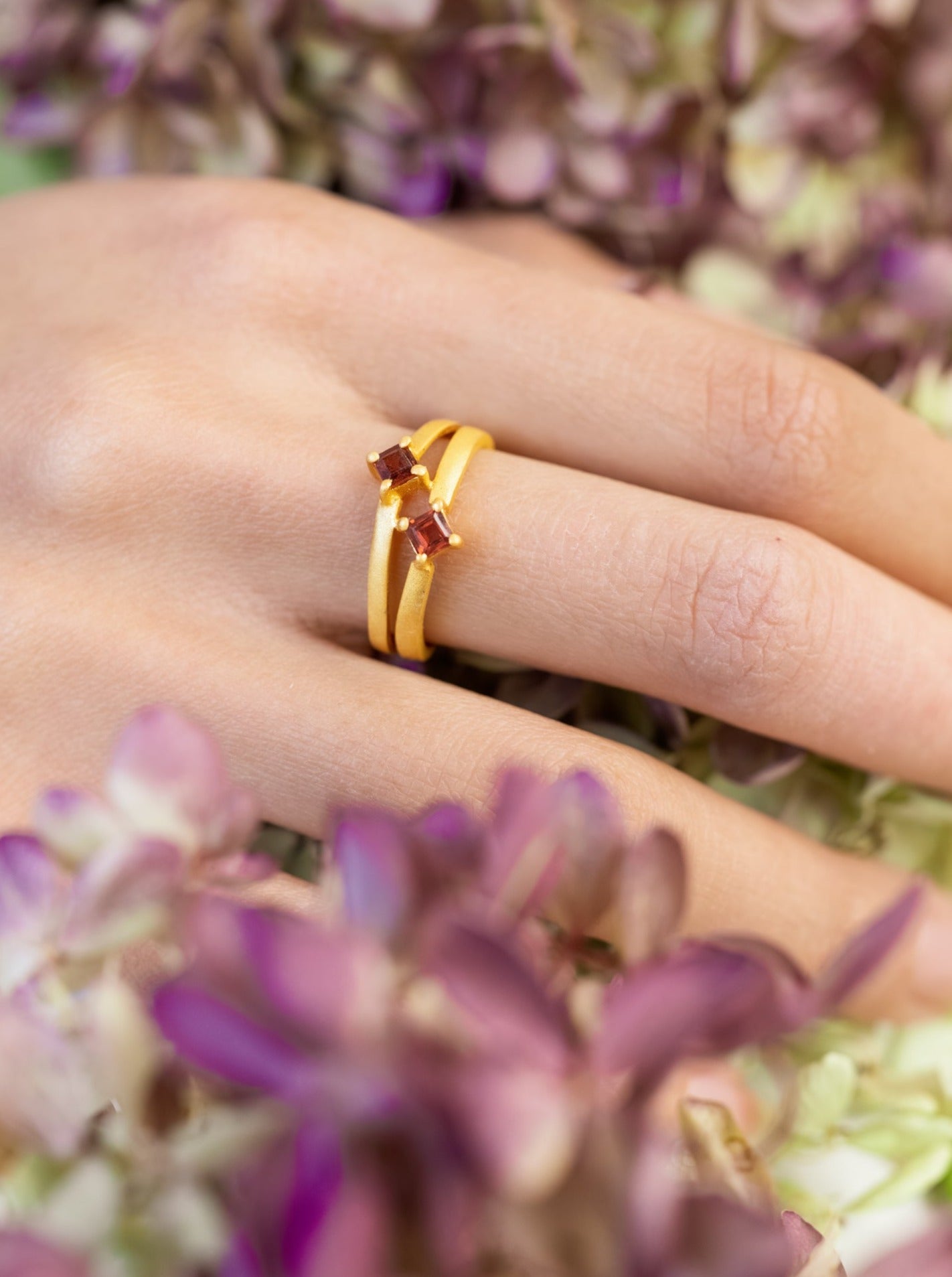 Garnet and Gold Split Shank Ring