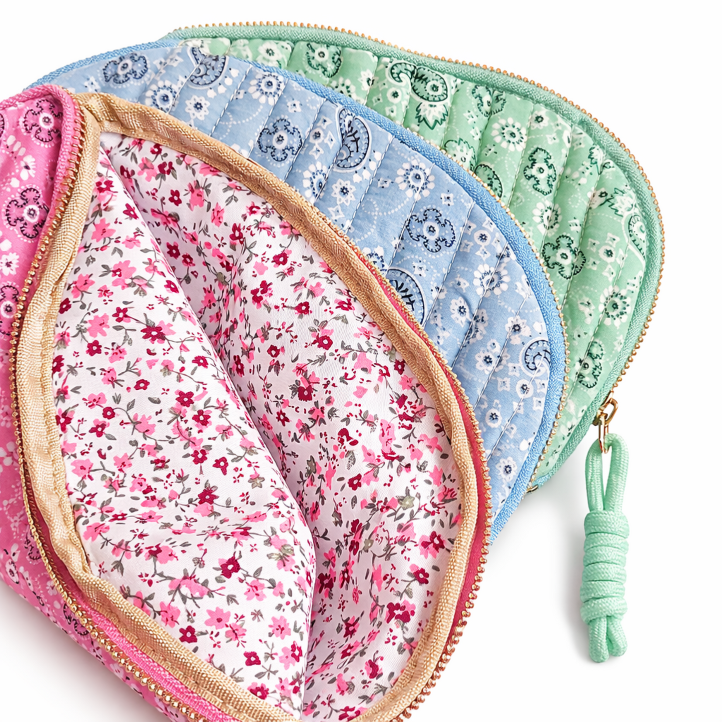 Quilted Paisley Cosmetic Case – Soft Curve Makeup Pouch in Pink, Blue, or Green Bandana Print
