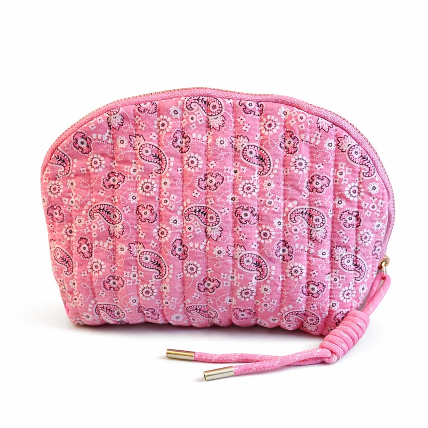 Quilted Paisley Cosmetic Case – Soft Curve Makeup Pouch in Pink, Blue, or Green Bandana Print