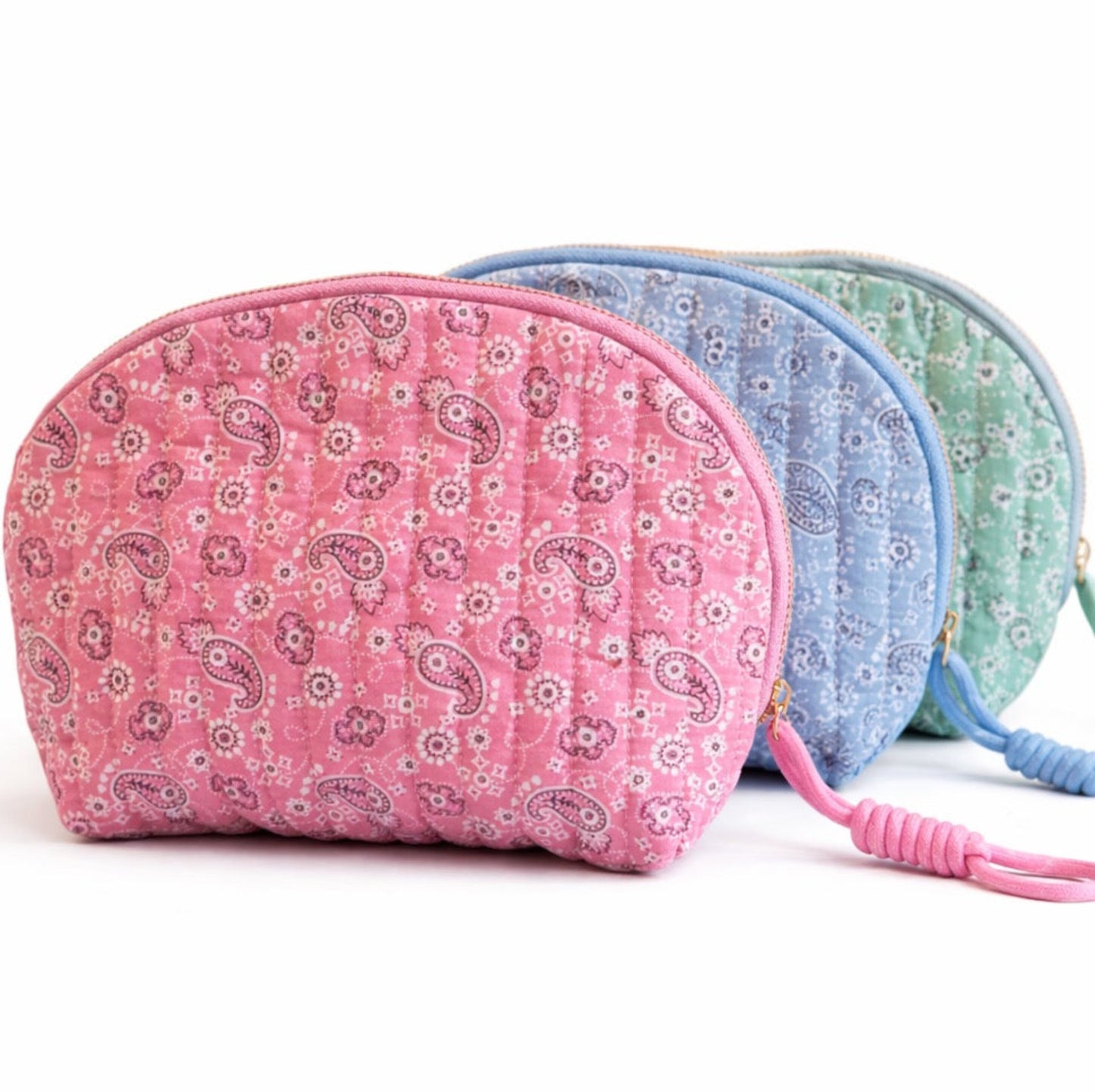 Quilted Paisley Cosmetic Case – Soft Curve Makeup Pouch in Pink, Blue, or Green Bandana Print