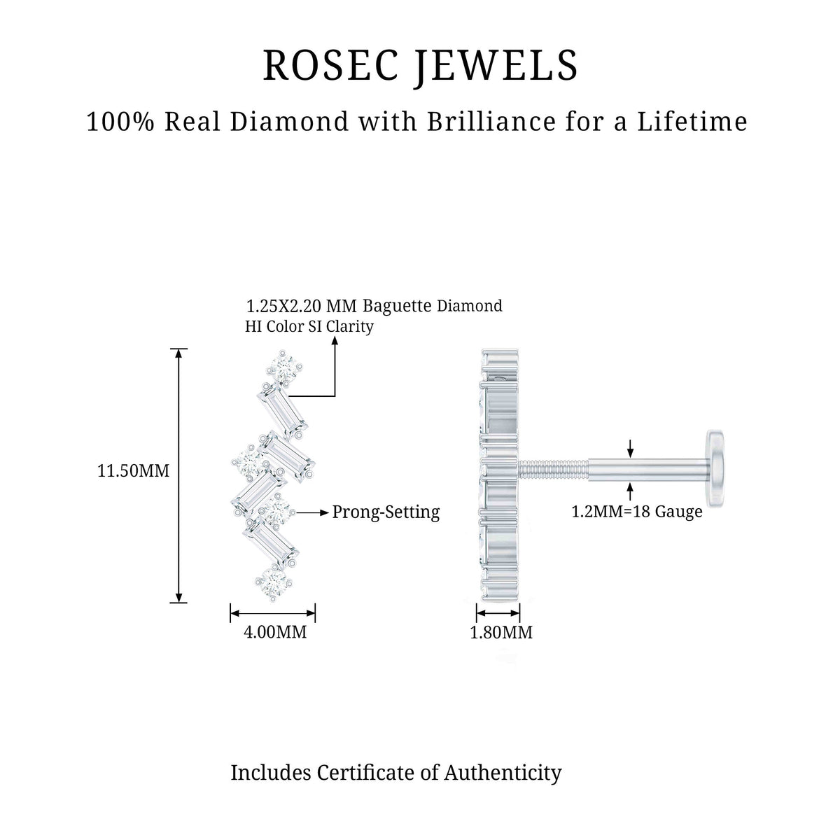 Baguette Diamond Cartilage Earring with Flat Back