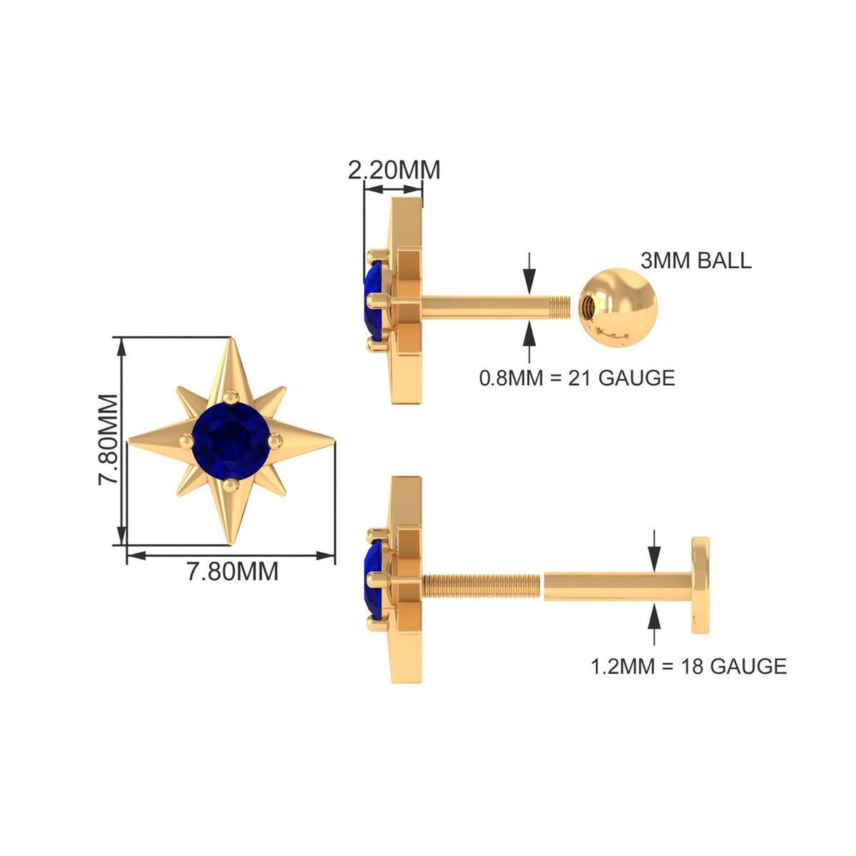 Blue Sapphire Starburst Earring for Conch Piercing