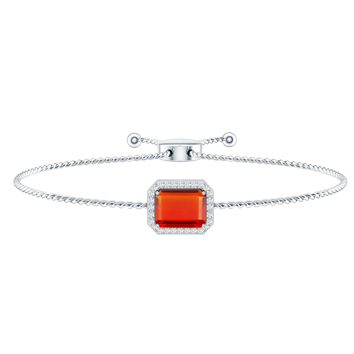 1 Carat Emerald Cut Fire Opal and Diamond Halo Bracelet