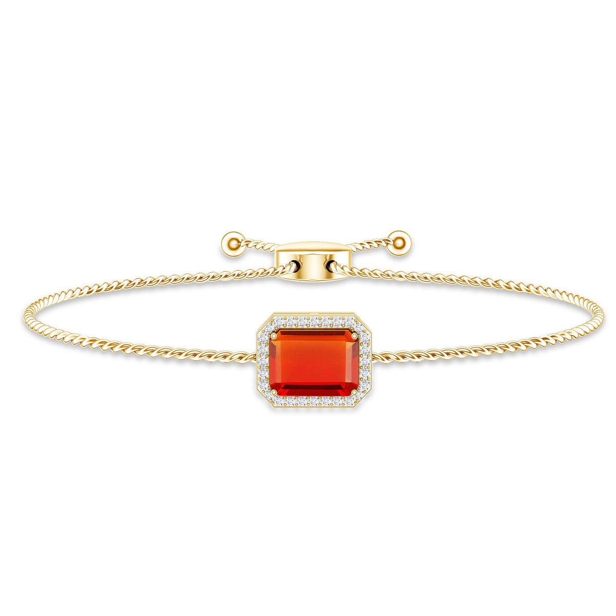 1 Carat Emerald Cut Fire Opal and Diamond Halo Bracelet