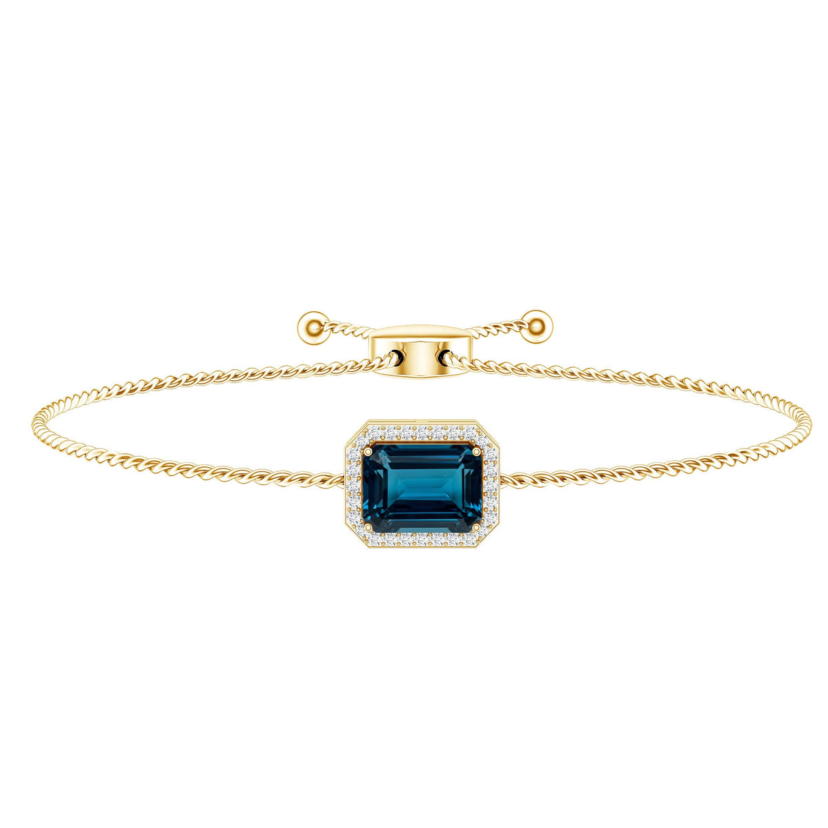 Emerald Cut London Blue Topaz and Diamond Bolo Chain Bracelet