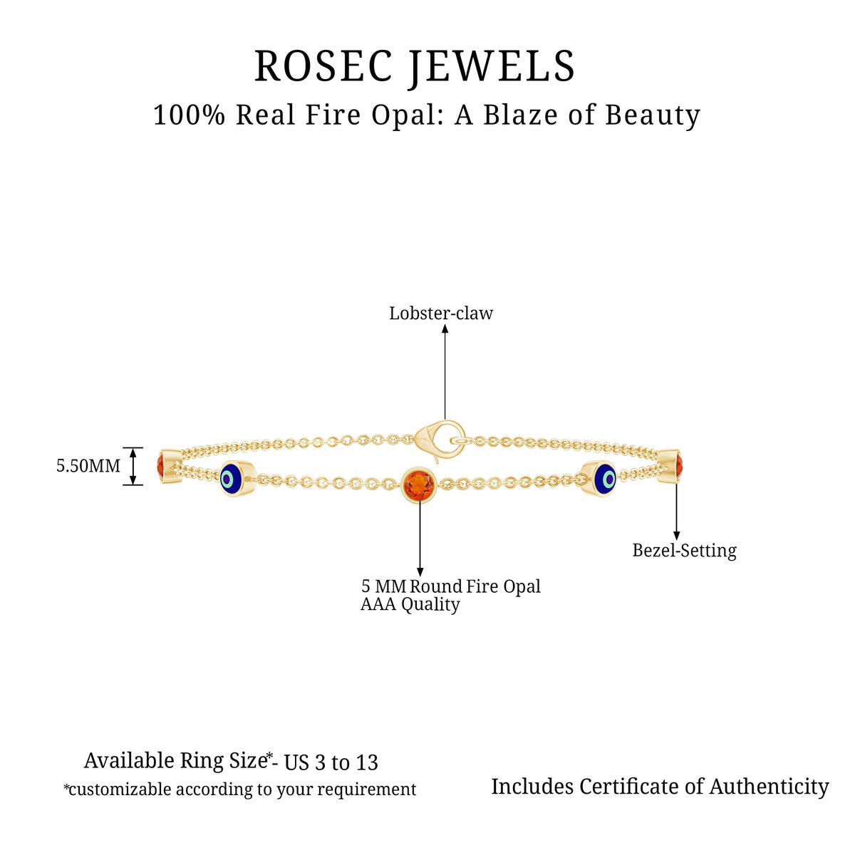 Bezel Set Fire Opal Evil Eye Station Bracelet for Women