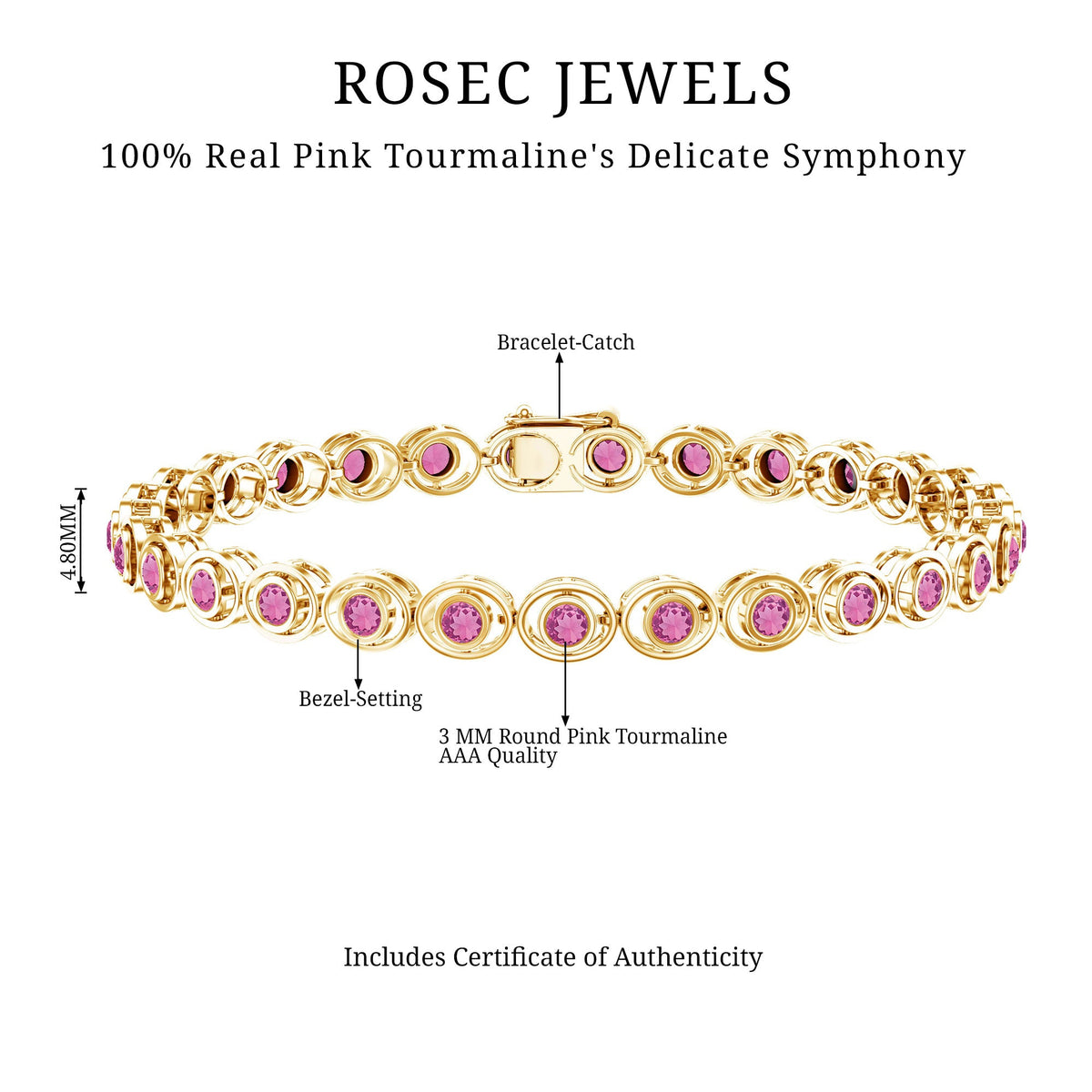 Bezel Set Natural Pink Tourmaline Tennis Bracelet for Women