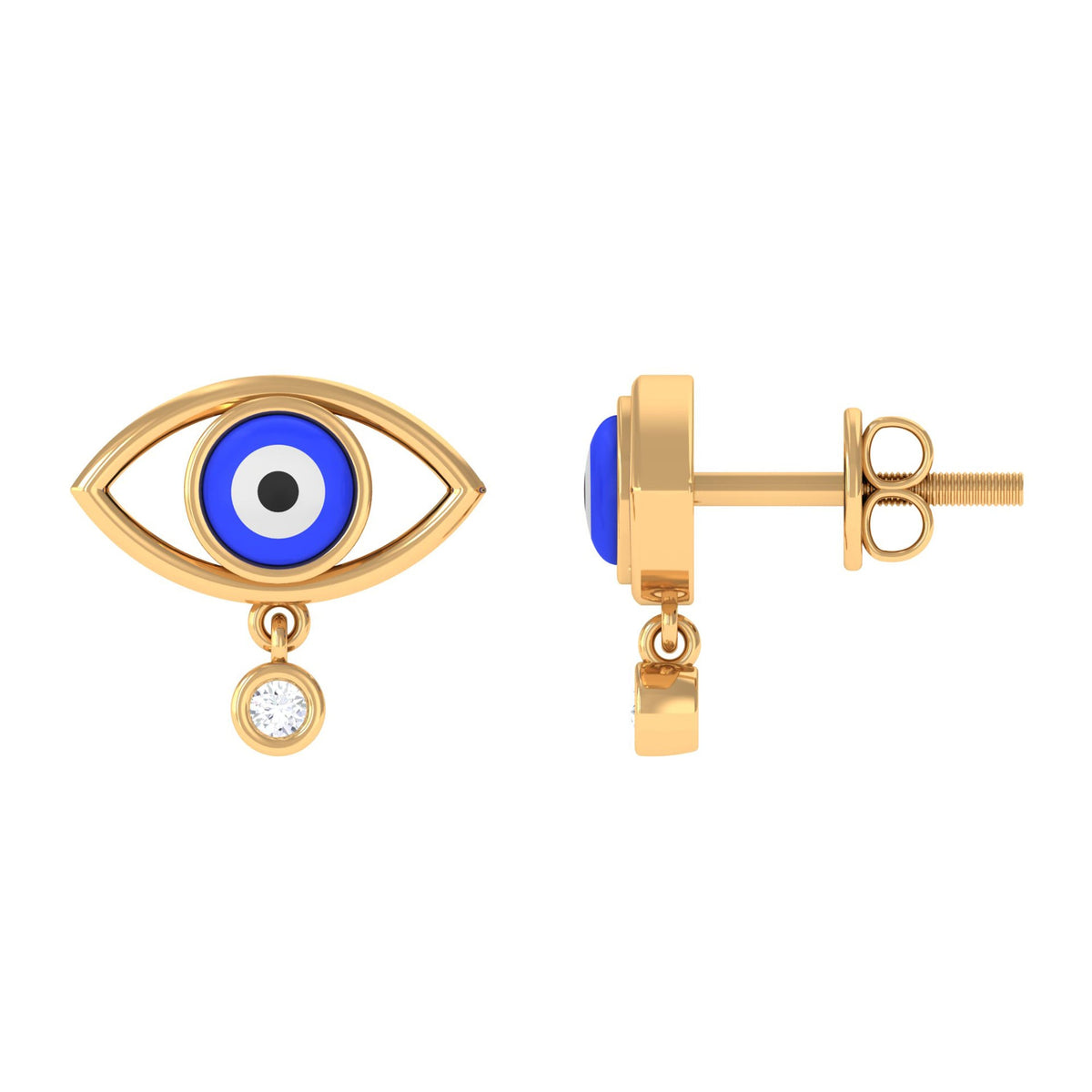 Classic Evil Eye Stud Earrings with Moissanite Drop in Bezel Setting