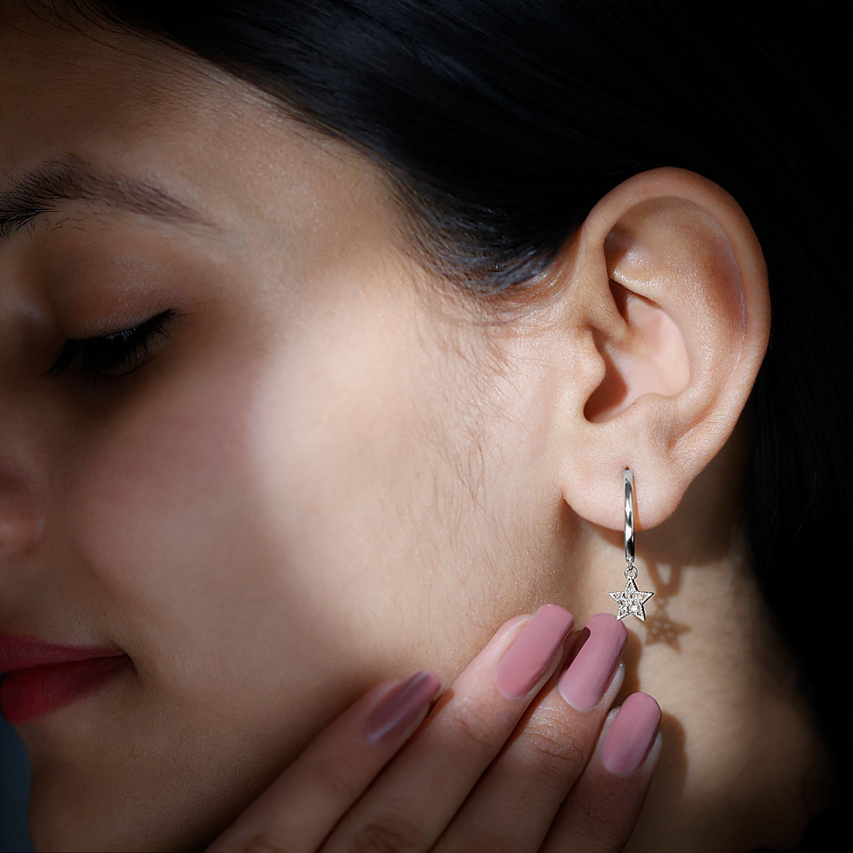Diamond Star Drop Hoop Earrings
