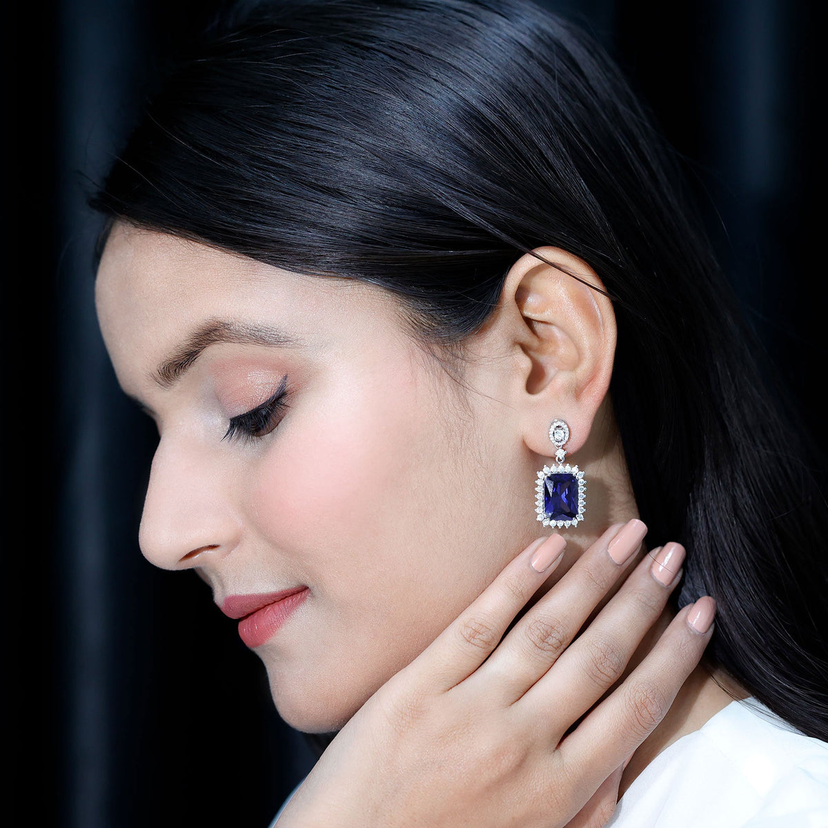 18 Carat Lab Blue Sapphire Wedding Dangle Earrings