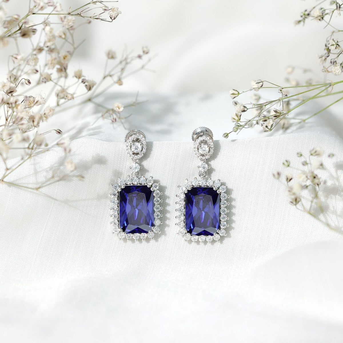 18 Carat Lab Blue Sapphire Wedding Dangle Earrings