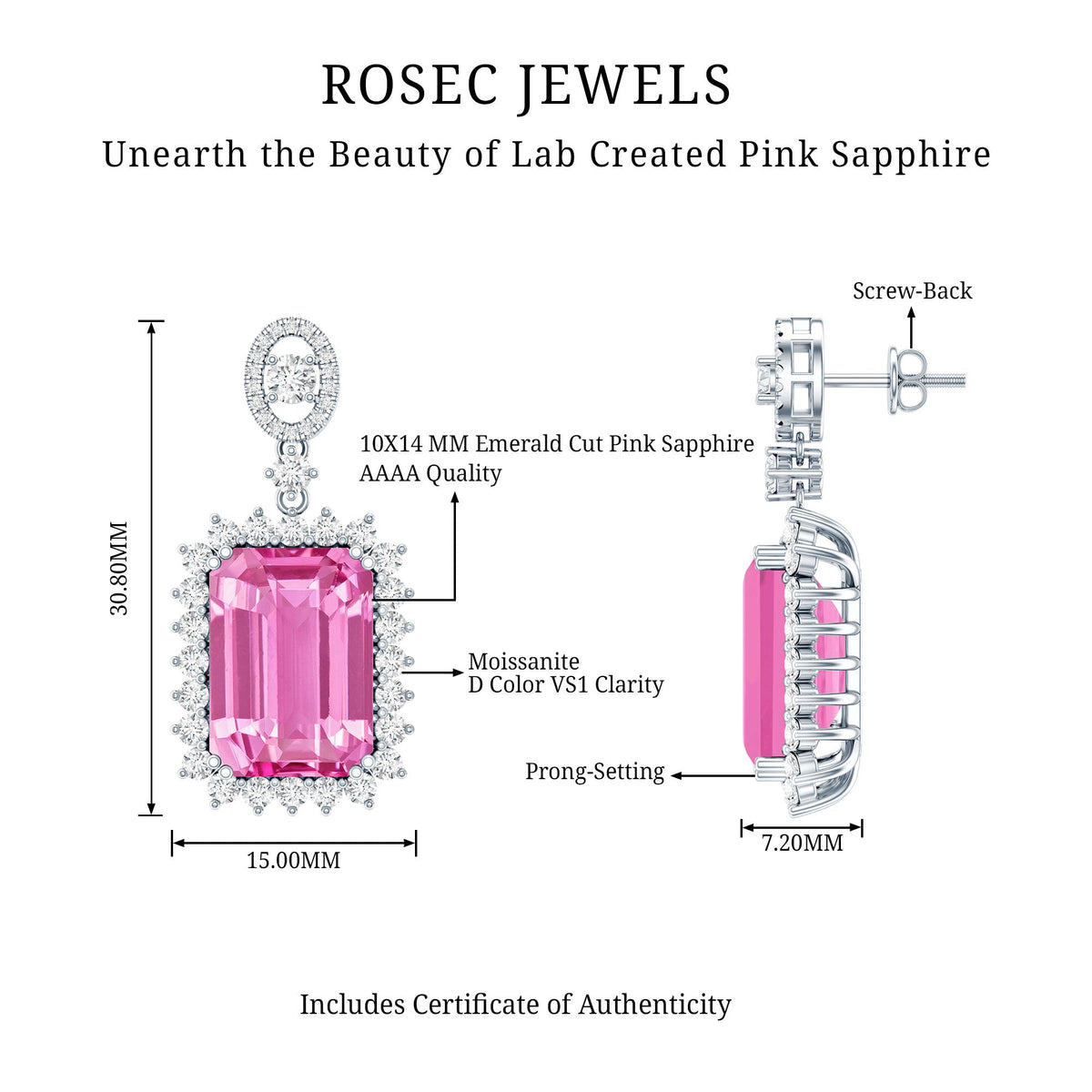 18 Carat Emerald Cut Lab Grown Pink Sapphire Statement Earrings for Wedding
