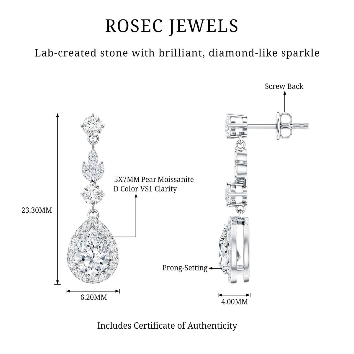 Certified Moissanite Wedding Dangling Earrings in Silver
