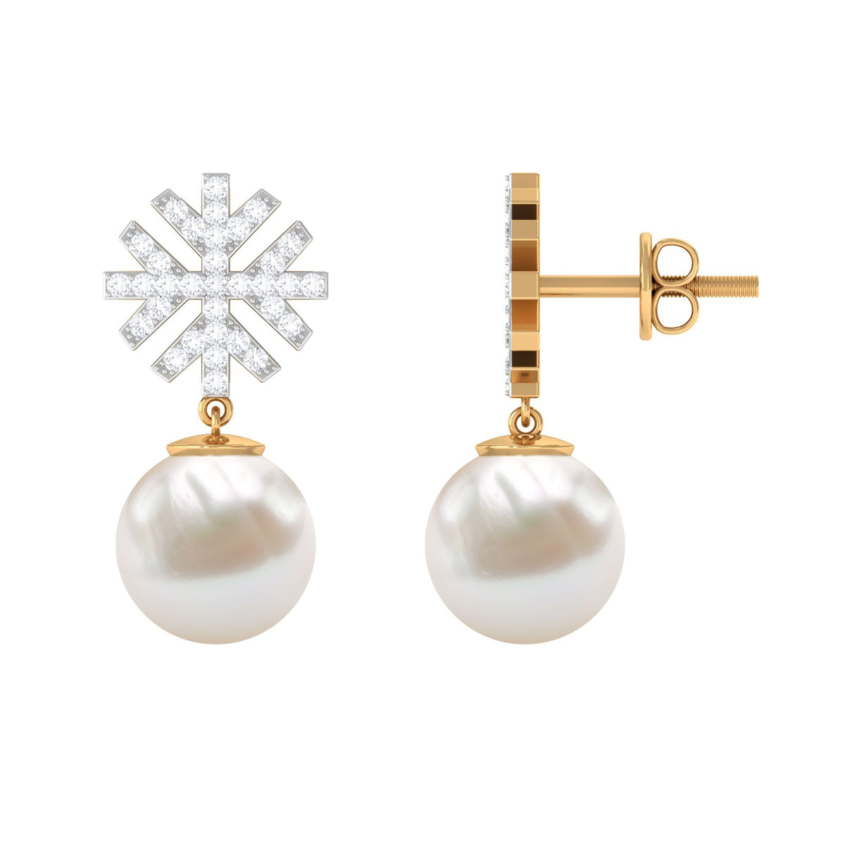Freshwater Pearl Drop Earrings with Round Shape Diamond Stones