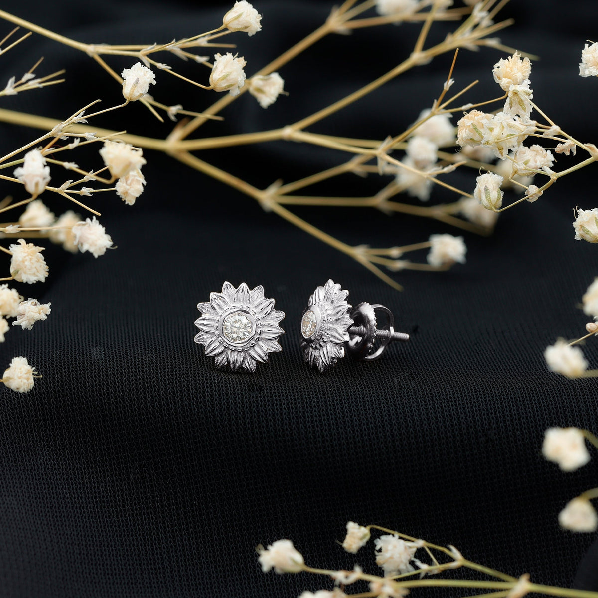 Diamond Sunflower Stud Earrings For Her