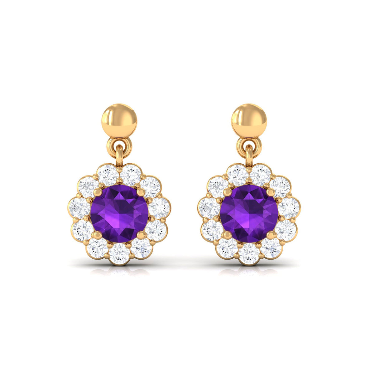 0.9 Carat Real Amethyst and Diamond Flower Halo Drop Earrings