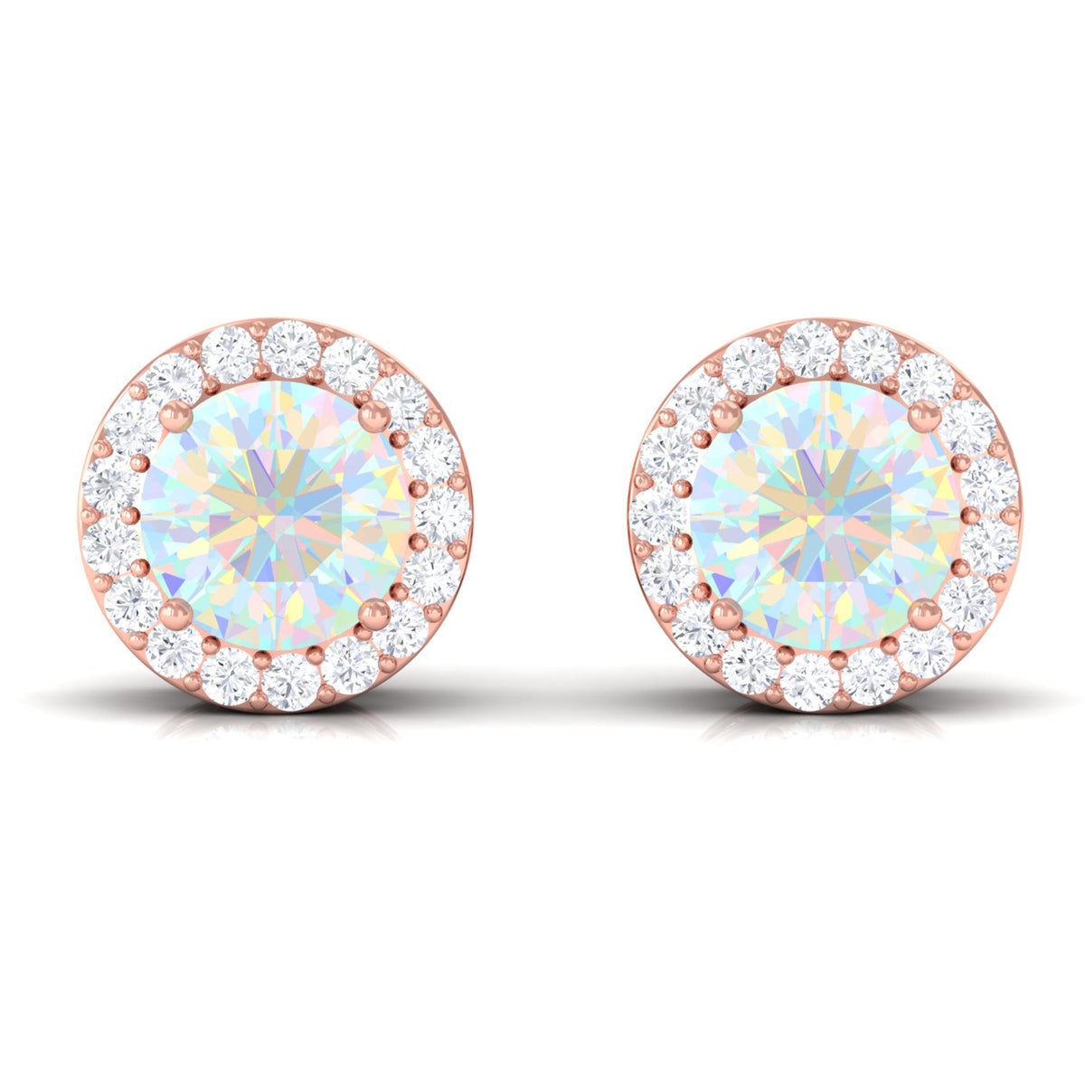 1.6 Carat Round Ethiopian Opal Stud Earrings with Diamond Halo in Prong Setting