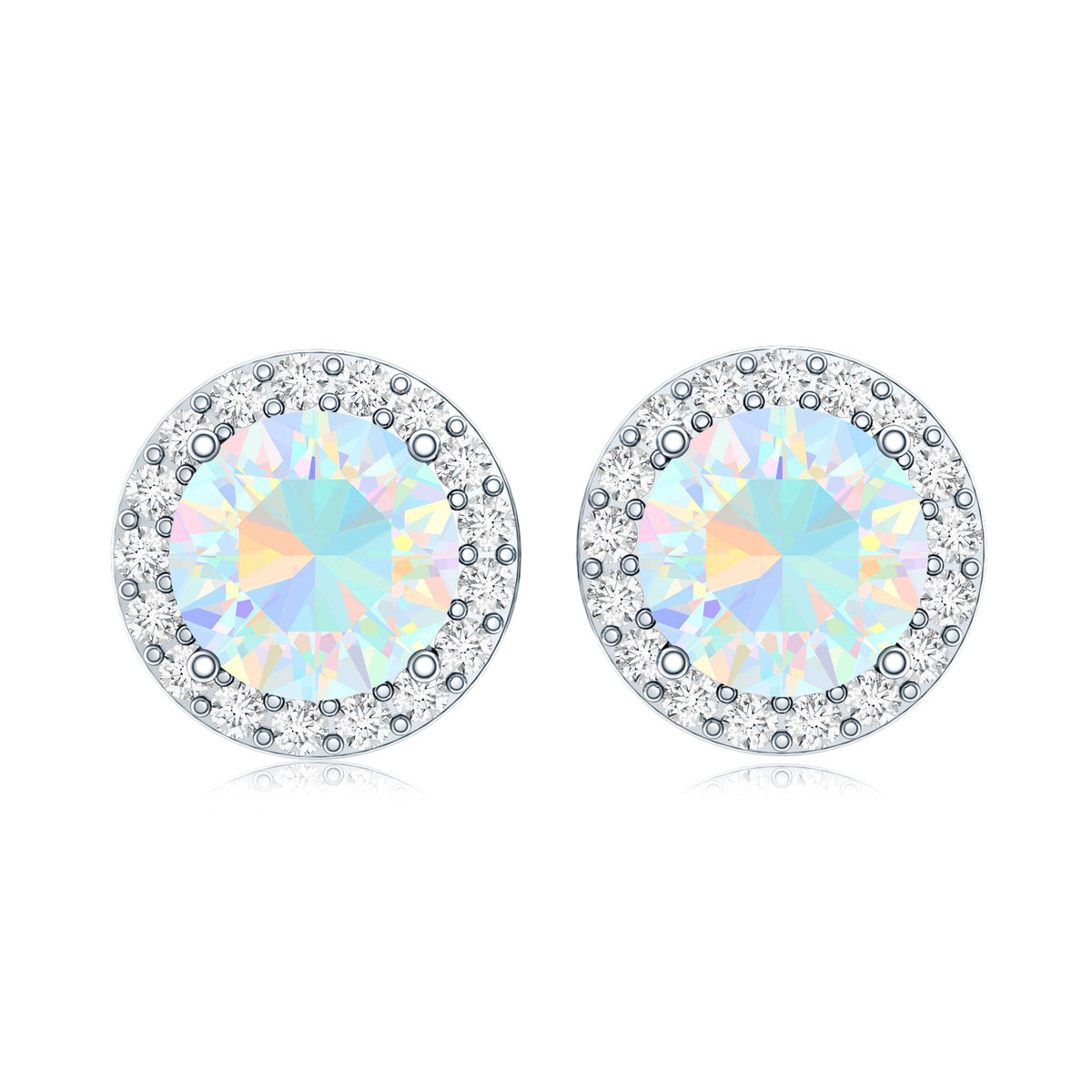 1.6 Carat Round Ethiopian Opal Stud Earrings with Diamond Halo in Prong Setting