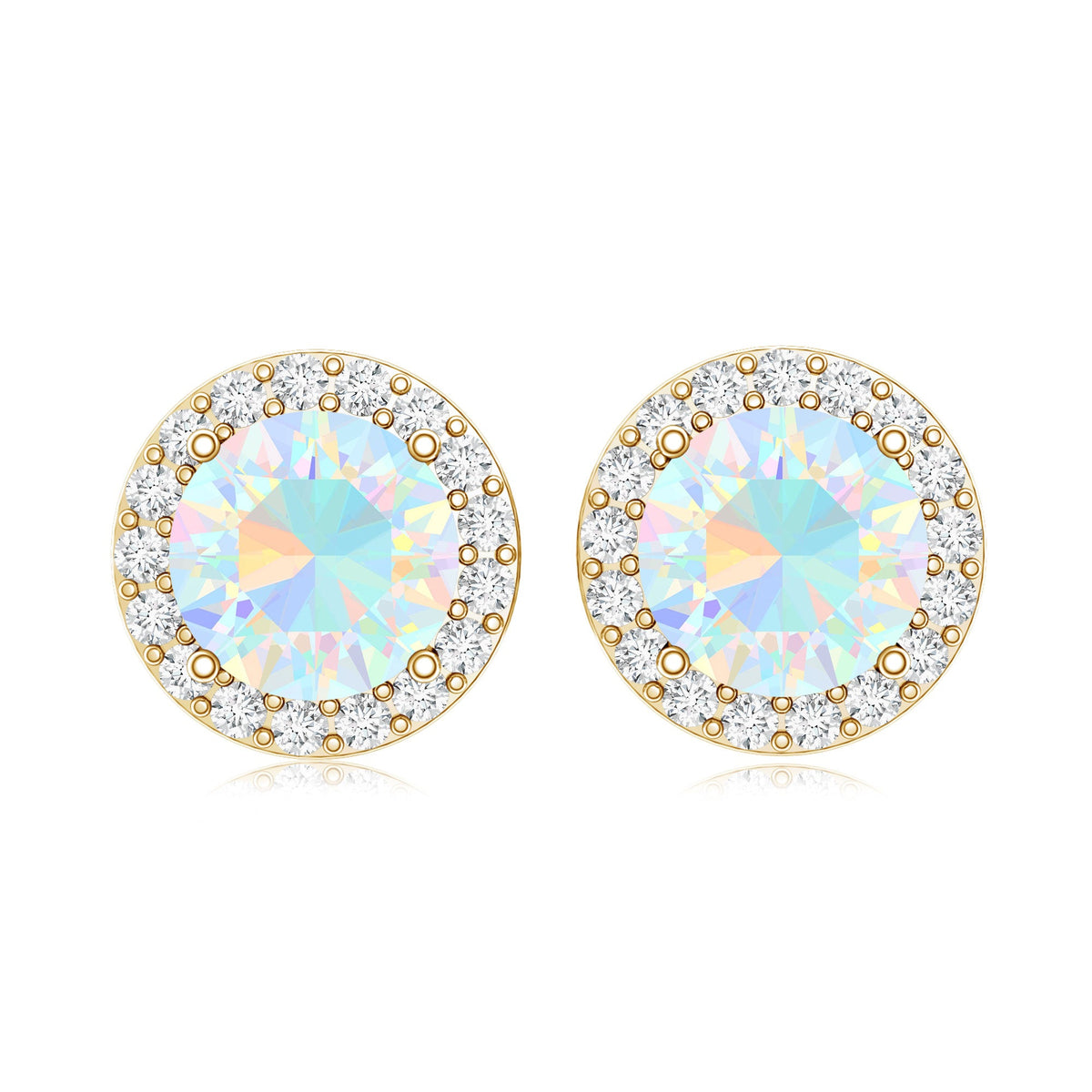 1.6 Carat Round Ethiopian Opal Stud Earrings with Diamond Halo in Prong Setting