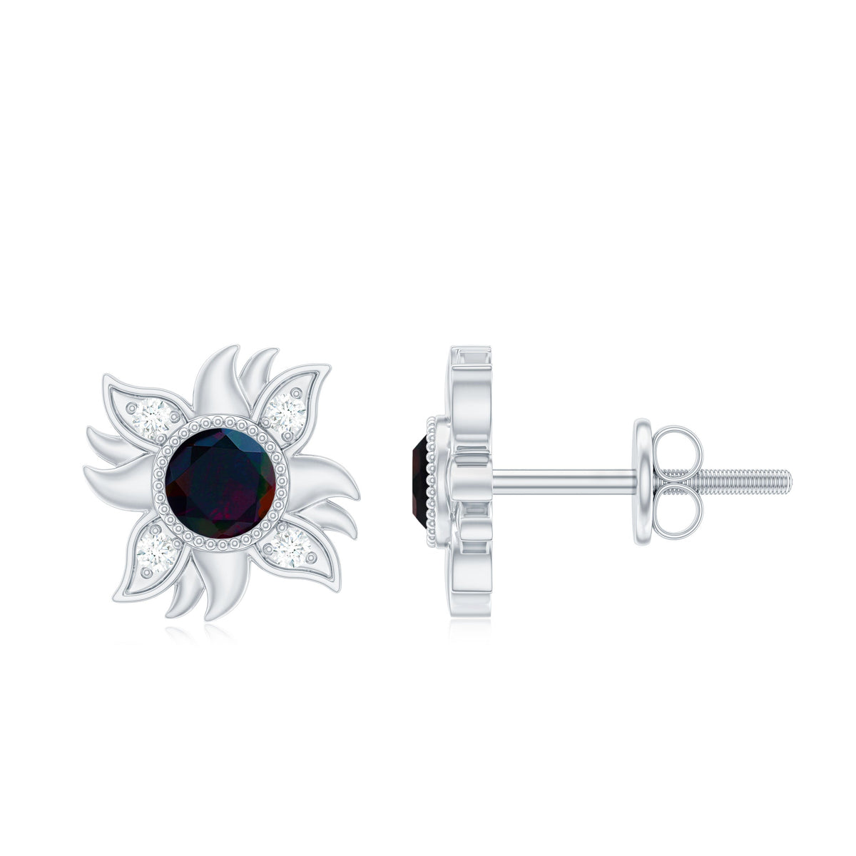 Genuine Black Opal Sunburst Stud Earrings with Diamond