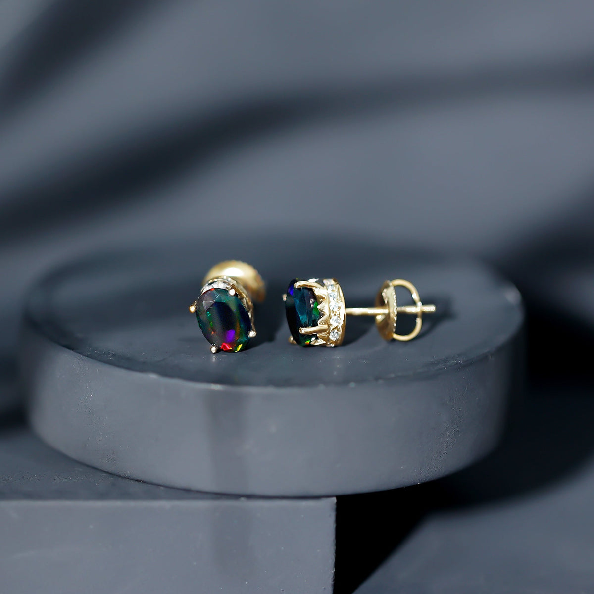 1.8 Carat Oval Black Opal Solitaire Stud Earrings with Diamond