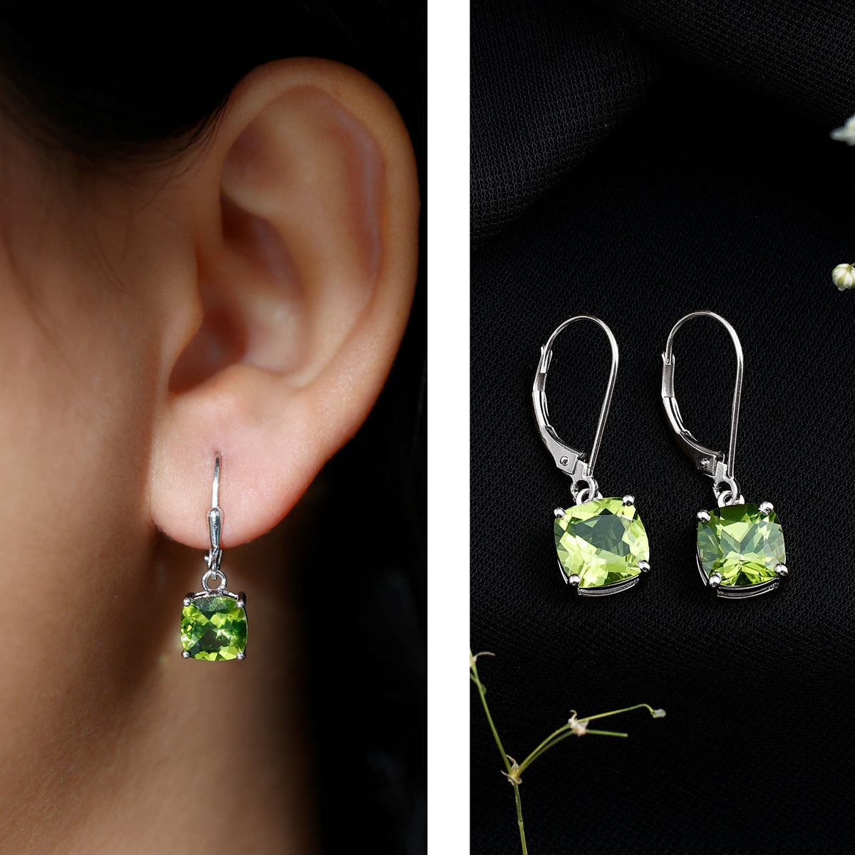 4.2 Carat Cushion Cut Peridot Solitaire Drop Earrings with Leverback