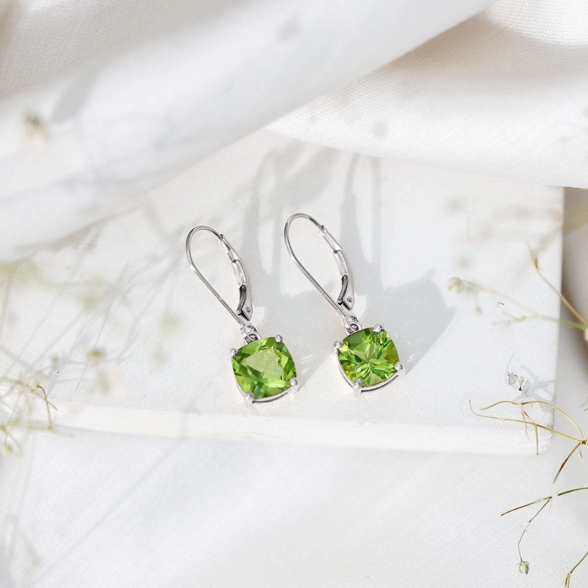 4.2 Carat Cushion Cut Peridot Solitaire Drop Earrings with Leverback