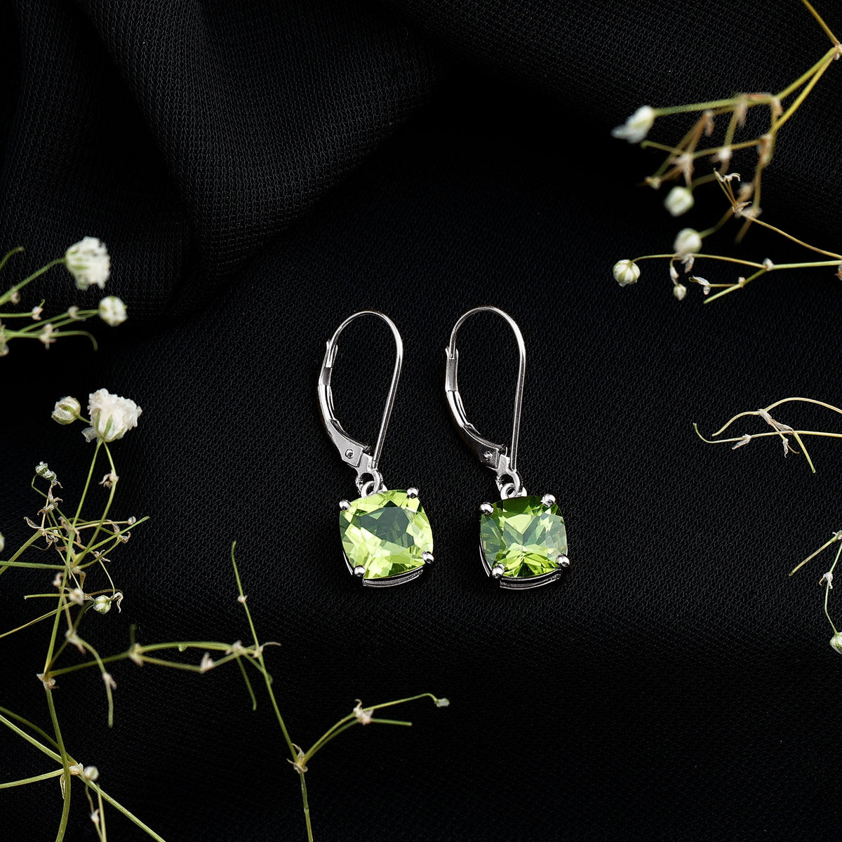 4.2 Carat Cushion Cut Peridot Solitaire Drop Earrings with Leverback