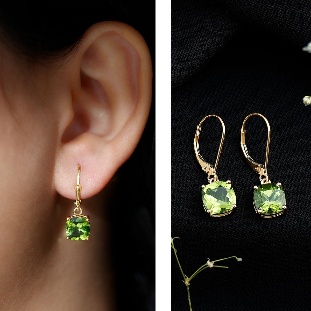 4.2 Carat Cushion Cut Peridot Solitaire Drop Earrings with Leverback