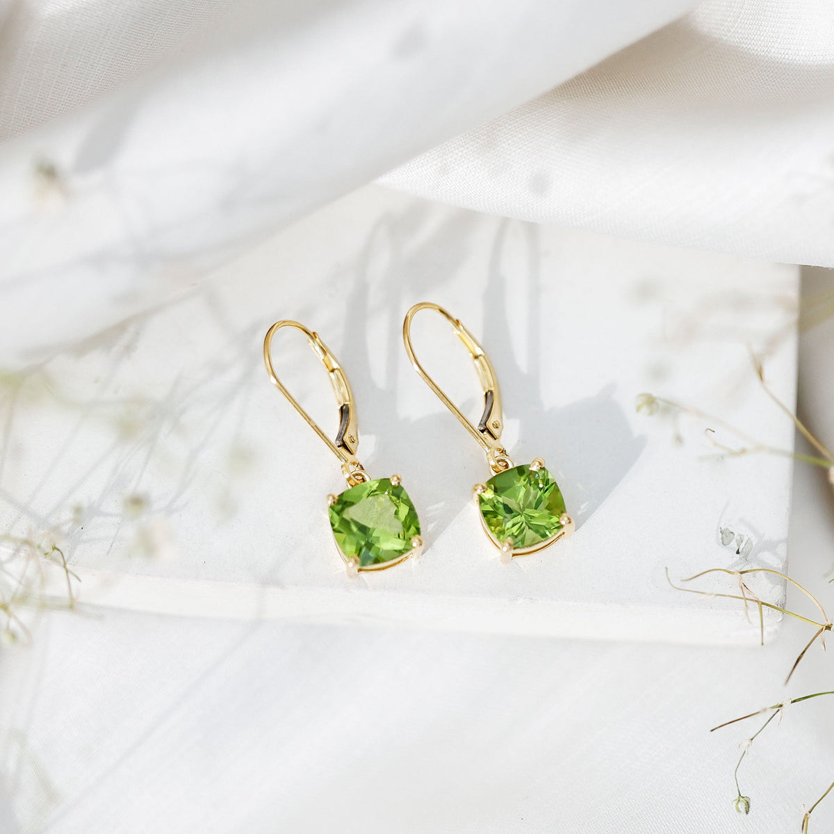 4.2 Carat Cushion Cut Peridot Solitaire Drop Earrings with Leverback