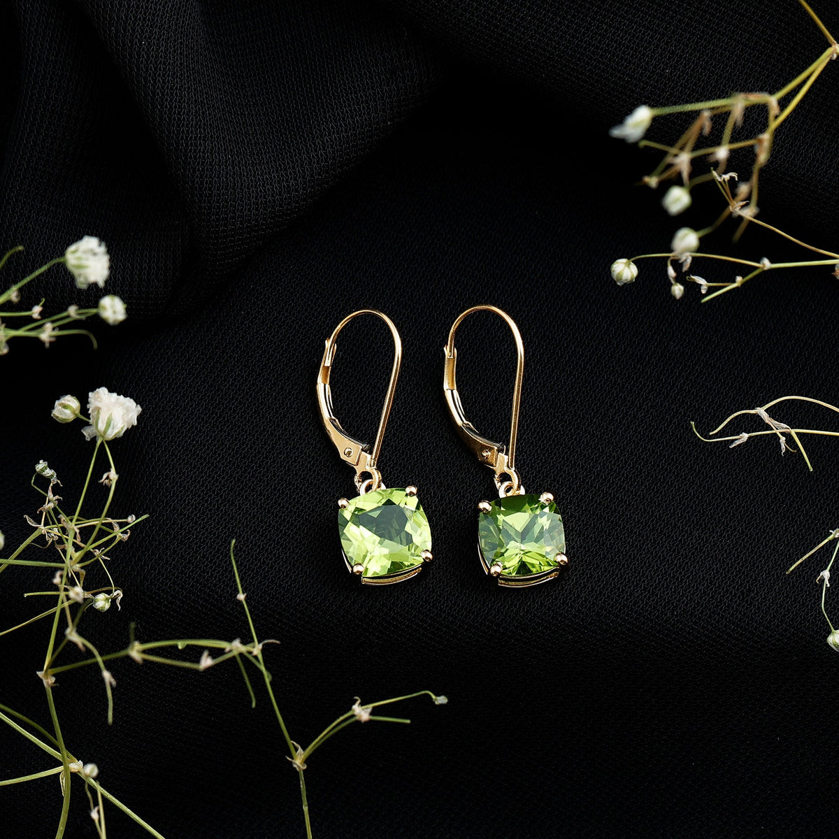 4.2 Carat Cushion Cut Peridot Solitaire Drop Earrings with Leverback
