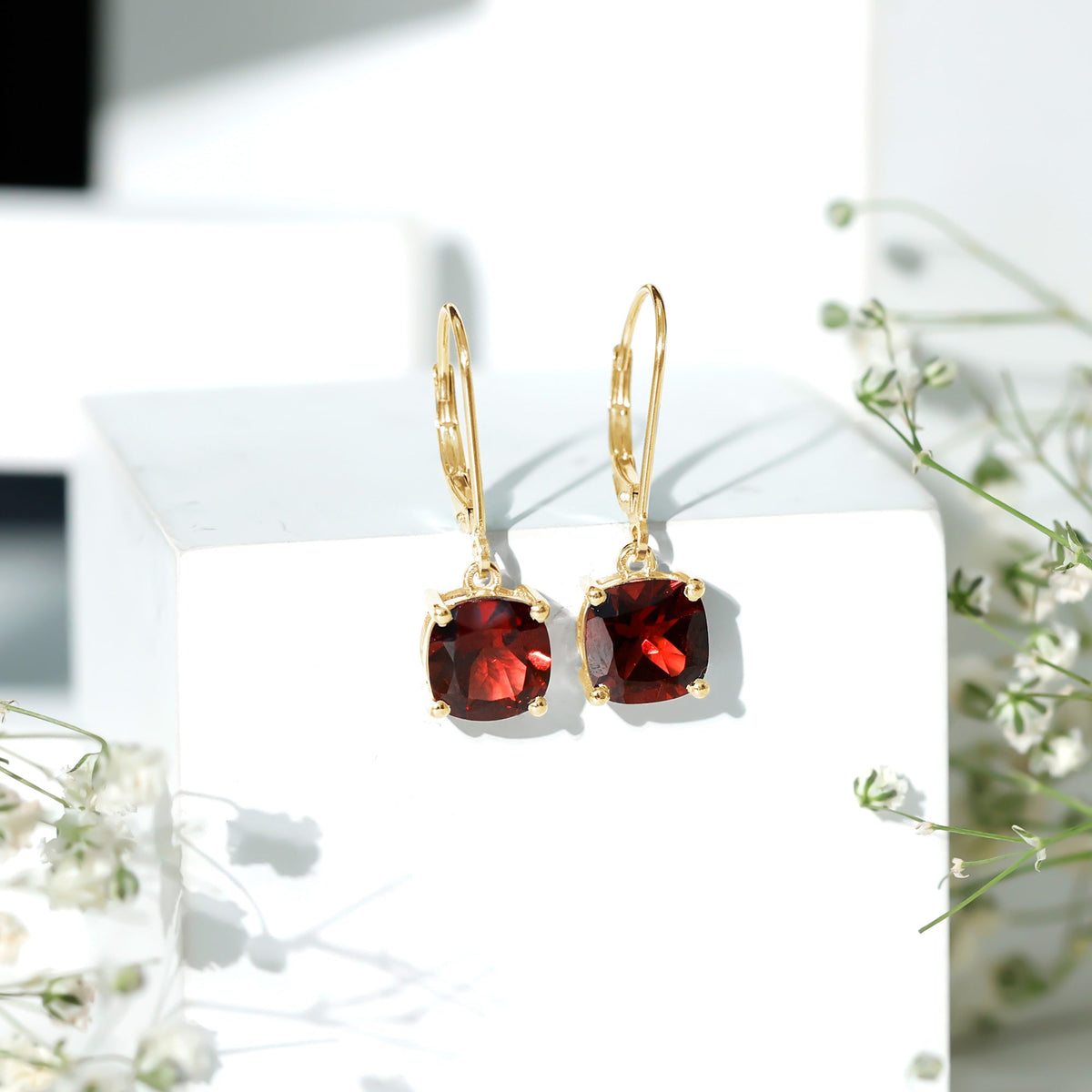 6.4 Carat Cushion Cut Garnet Solitaire Drop Earrings with Lever Back