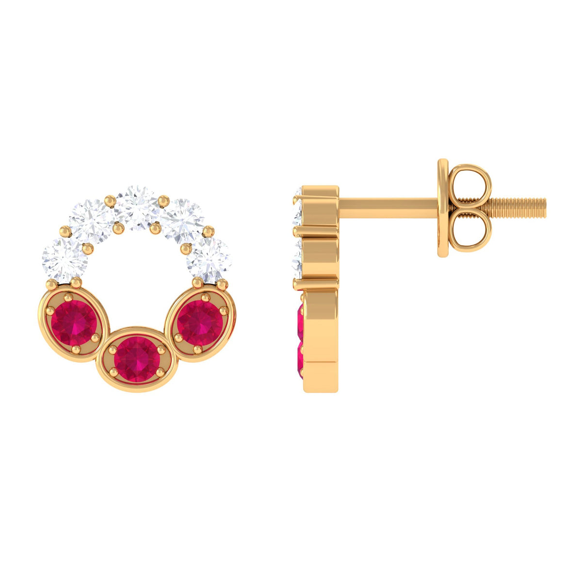 Three Stone Ruby Eternity Stud Earrings with Diamond